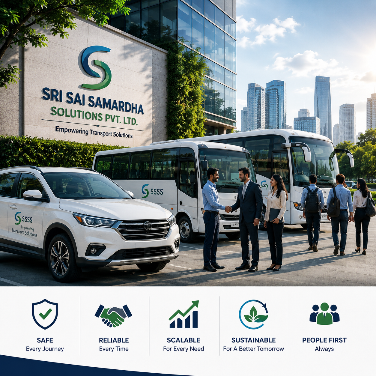 Corporate employee transport shuttle at a modern campus